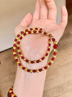 天然红玛瑙猫眼串珠项链女小众配饰秋冬毛衣链轻奢感颈链饰品