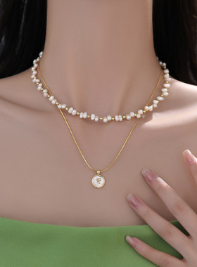 淡水珍珠双层叠戴项链锁骨链轻奢玫瑰花吊坠颈链轻奢施家珍珠项链