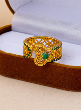 新中式宫廷风古法指环设计感如意开口珍珠食指戒感复古戒指女