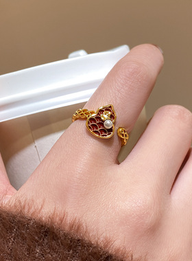 新中式红色花丝葫芦珍珠开口戒指女小众复古感食指戒气质指环