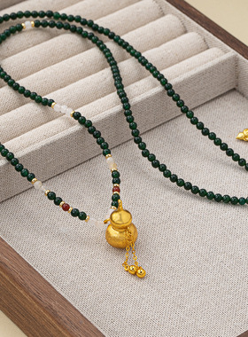 新中式天然石绿玛瑙葫芦吊坠项链复古时尚轻奢优雅个性设计毛衣链
