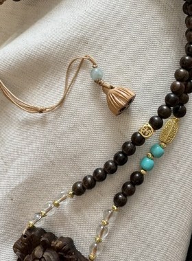 新品沉香牡丹花毛衣链锁r骨链配白水晶阴沉木和田玉菱镁矿桃木莲