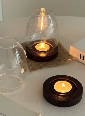 极速ins风灯盏木制托盘蜡u烛台玻璃香薰蜡烛复古日式客厅餐厅装饰