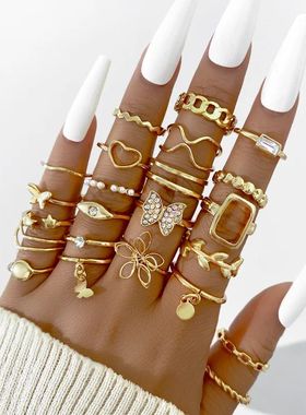 极速22Pcs/Set Gold Color Heart Snake Rings Set SFor Women Vi