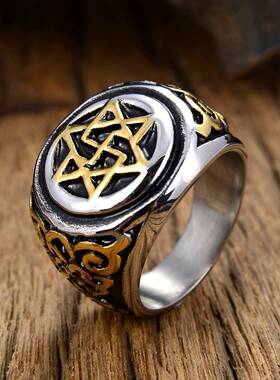 极速Punk Ringg Gothic Rock Personality Hexagram Titanium Ste