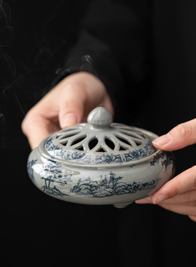 古陶泥香炉 青花仿古陶瓷盘香工艺品熏香摆件香薰炉家居香插香道