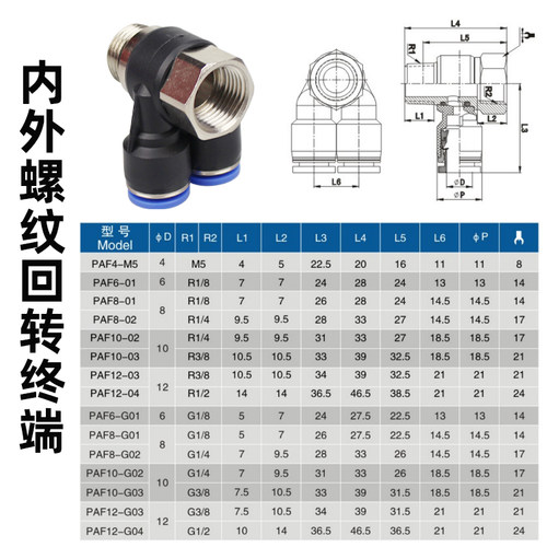 螺纹串联气管接头12-G04内外牙四通PAF4-G01带密封圈万向可旋转黑 - 图0