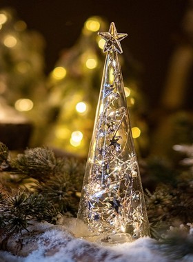 新品新品玻璃圣诞树灯桌面摆件装饰灯闪亮发光小夜V灯商场橱窗场