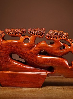 极速唐趣花梨木雕迎客松摆件实木家居客厅办公装饰红X木工艺品乔