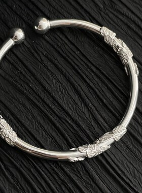 极速9.06足银浮雕繁花花朵开口手镯H内径约5.8cm29.2g