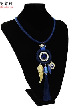 极速新款a时尚民族风长版流苏项链耳环套组 手工编织波西米亚毛衣