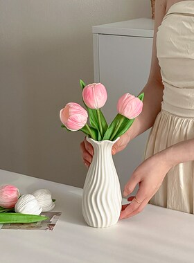 极速花瓶摆件客厅插花郁金香仿真花白色iJns韩系陶瓷花瓶玄关装饰