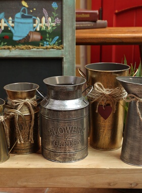 极速金属质感做旧麻绳铁皮提桶花B桶花器花盆花瓶装饰摆件拍摄道