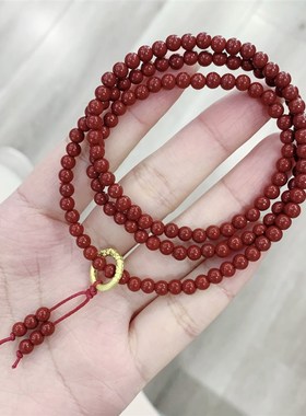 新品朱砂小颗f粒4mm左右多圈女款手链 3圈酒红色朱砂女款多圈手串