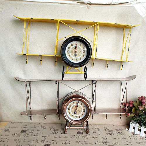 美式复古飞机模型置物架壁饰壁挂螺旋桨钟表创意铁艺墙壁装饰收纳 - 图0