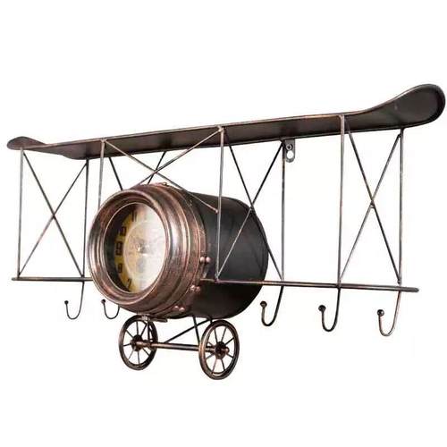 美式复古飞机模型置物架壁饰壁挂螺旋桨钟表创意铁艺墙壁装饰收纳 - 图3