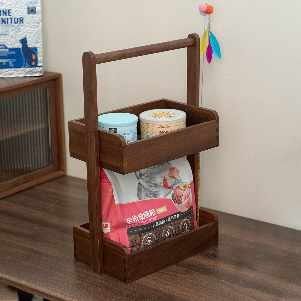 黑胡桃实木宠物用品收纳玩具物品猫粮罐头零食置物架狗粮阳台多层 - 图2