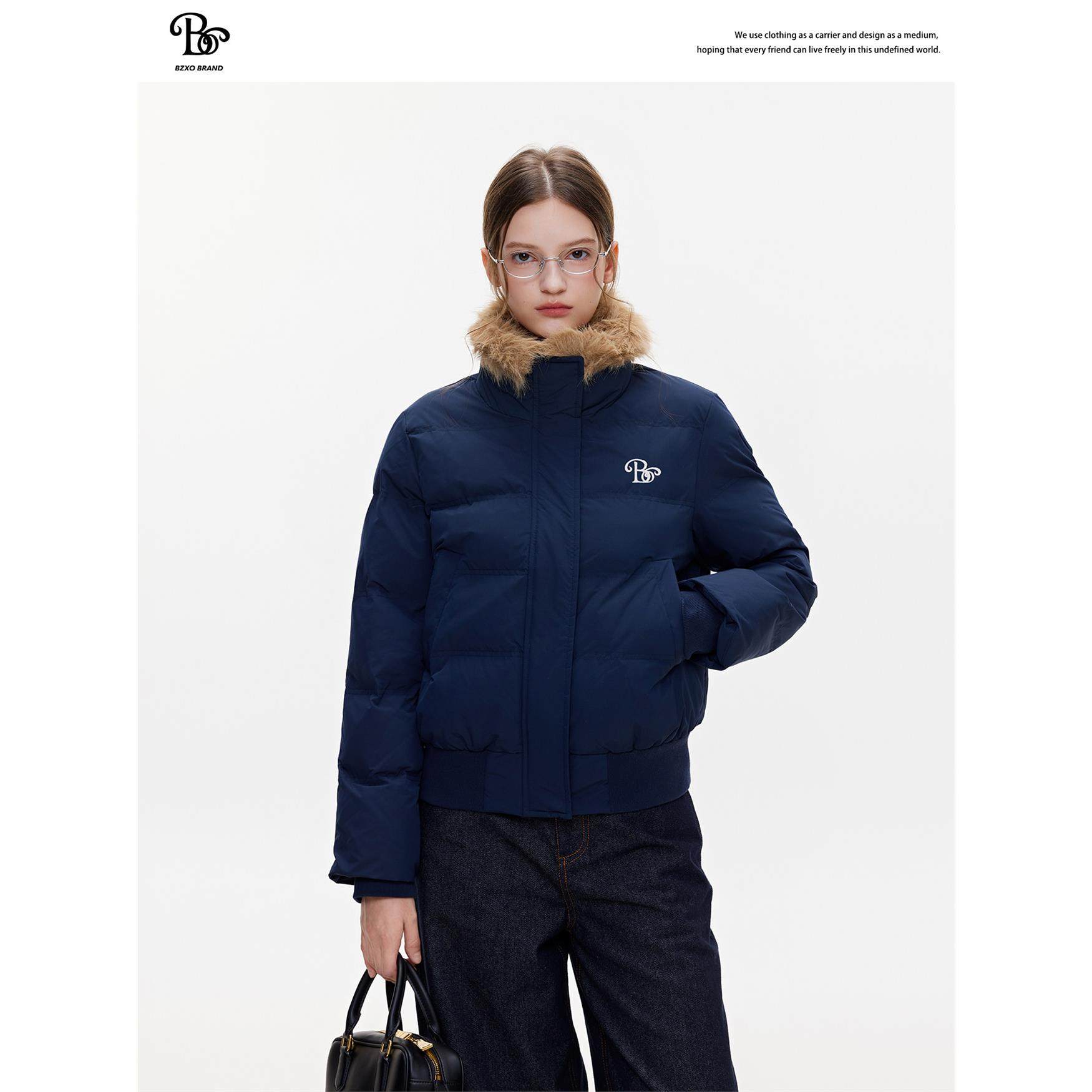 BZXO简约刺绣藏青色大毛领棉衣女冬季新款加厚绒宽松短款棉服外套,淘宝优惠券,粉丝福利购,淘宝优惠卷