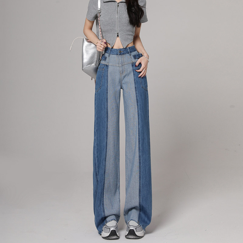 高腰拼接阔腿牛仔裤女2025春季新款宽松显瘦毛边直筒工装裤子,淘宝优惠券,粉丝福利购,淘宝优惠卷