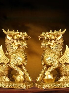 铜麒麟摆件一对家宅招财聚财火麒麟送子公母一对神兽入户门口厨房