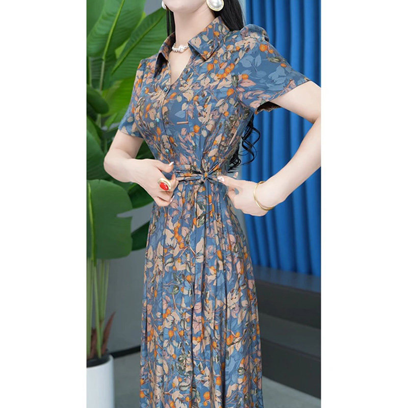 麦子姐姐polo领印花连衣裙女2024年新款夏季韩版收腰系带女装裙子