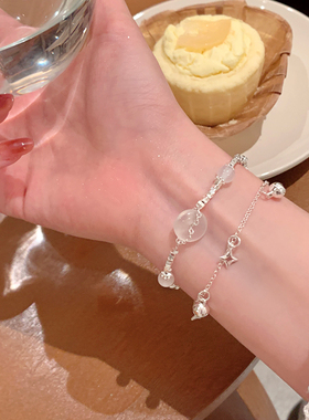 仿玛瑙平安扣碎银子双层手链女轻奢小众精致高颜值学生党叠戴手饰