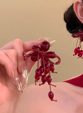 安可拉红花朵蝴蝶结流苏耳钉2026