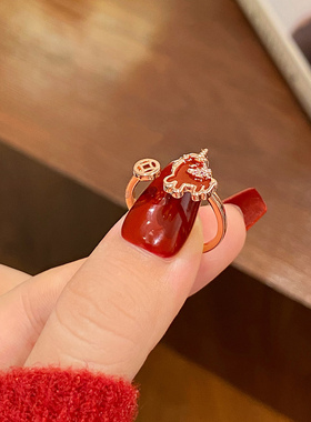 复古红色招财独角兽古钱戒指2026