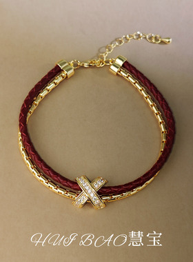 冷淡风红色交叉字母皮绳手链女款