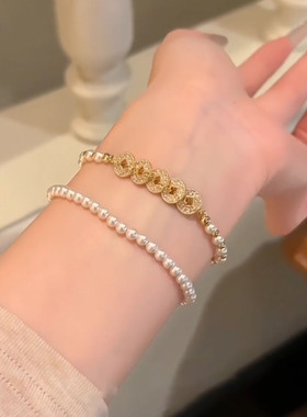 碎冰冰五帝钱珍珠串珠手链女轻奢