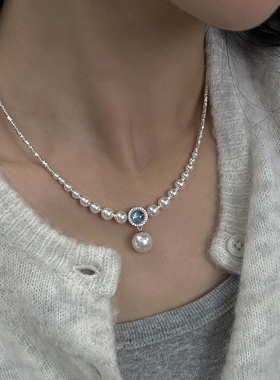 海蓝宝碎银子珍珠项链配饰女夏