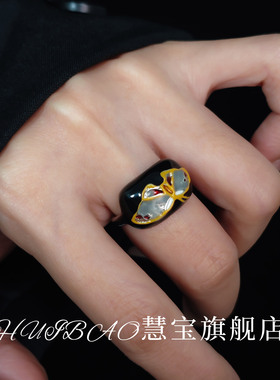 新中式黑色滴油蝴蝶轻奢显白戒指