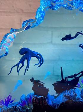 海洋章鱼和潜水员树脂夜灯木质树脂灯手工家具和装饰品生日礼物