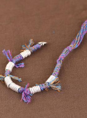 网红 足银盘缠手串 简约手工编绳手链999银黄财像锤纹银环手环