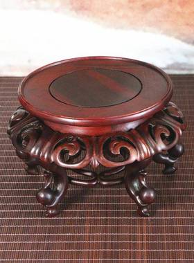 天然红木紫光檀红酸枝花架 花瓶盆景茶壶奇玉石头实木质圆形底座