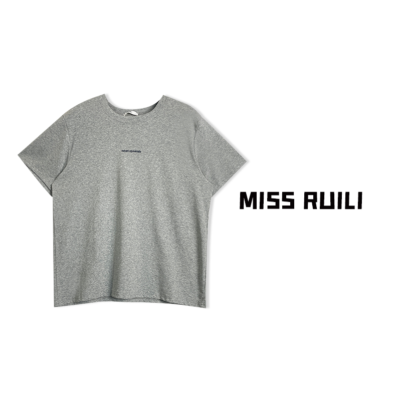 MISS RUILI定制 春季圆领百搭字母印花正肩宽松短袖T恤A6810 - 图3