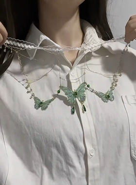 蕾丝绿色蝴蝶流苏项链仙气小众腿环女森系纯欲腿链性感辣妹身体链