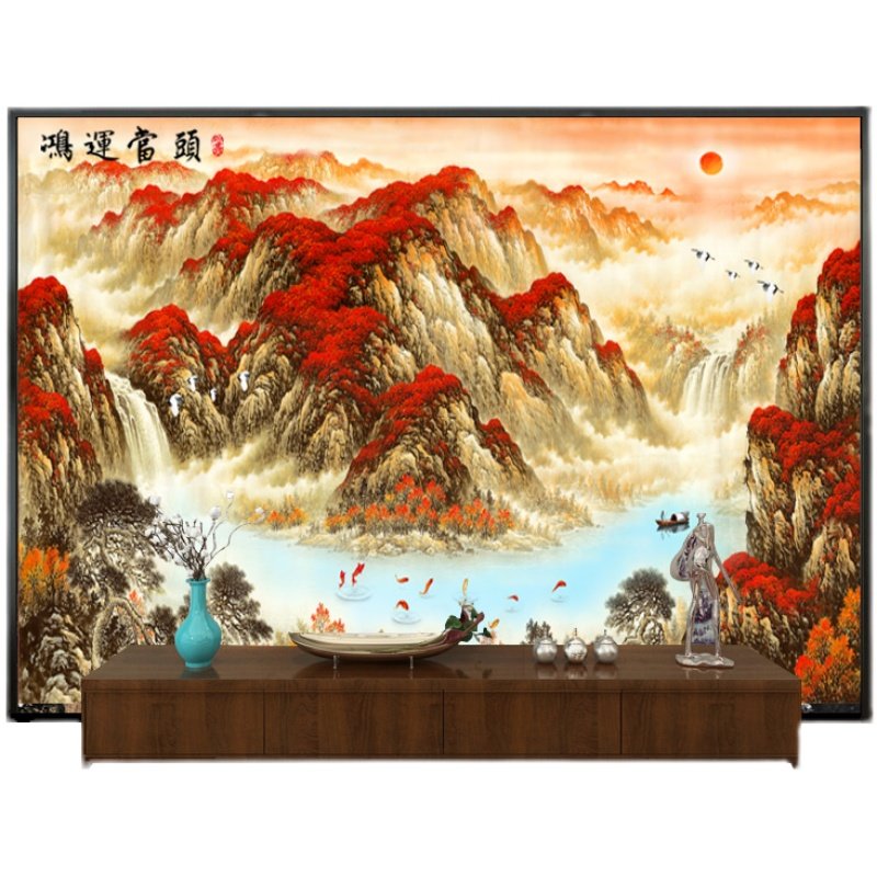 鸿运当头山水壁纸大气新中式沙发电视背景墙纸国画办公室背景壁画,淘宝优惠券,粉丝福利购,淘宝优惠卷