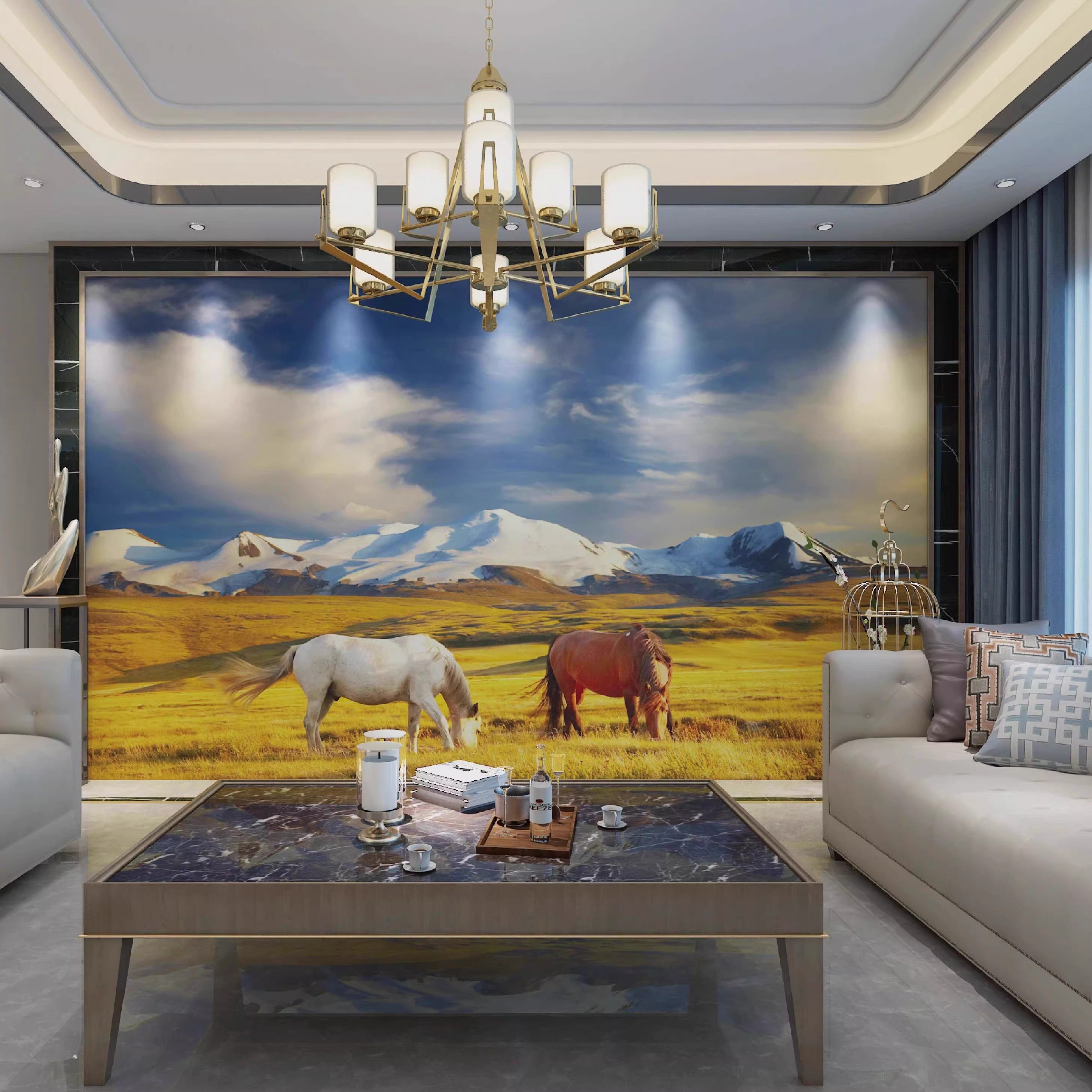 蒙古风格元素图案壁纸蒙古马系列装饰画客厅卧室手绘油画定制墙纸,淘宝优惠券,粉丝福利购,淘宝优惠卷