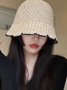 草帽女夏季遮阳防晒海边沙滩太阳帽镂空透气编织显脸小水桶渔夫帽