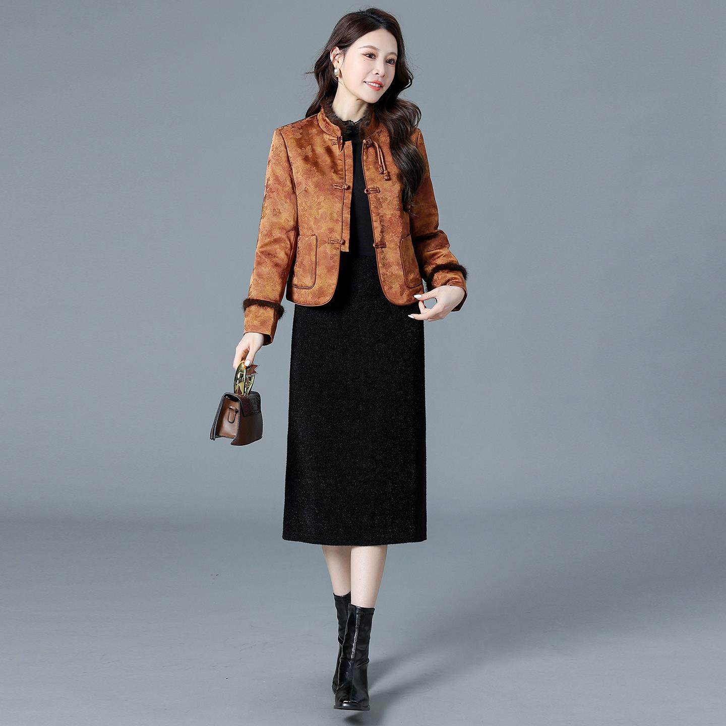 新中式提花唐装棉衣貂绒连衣裙套裙时尚套装国风棉袄裙子两件套 - 图3