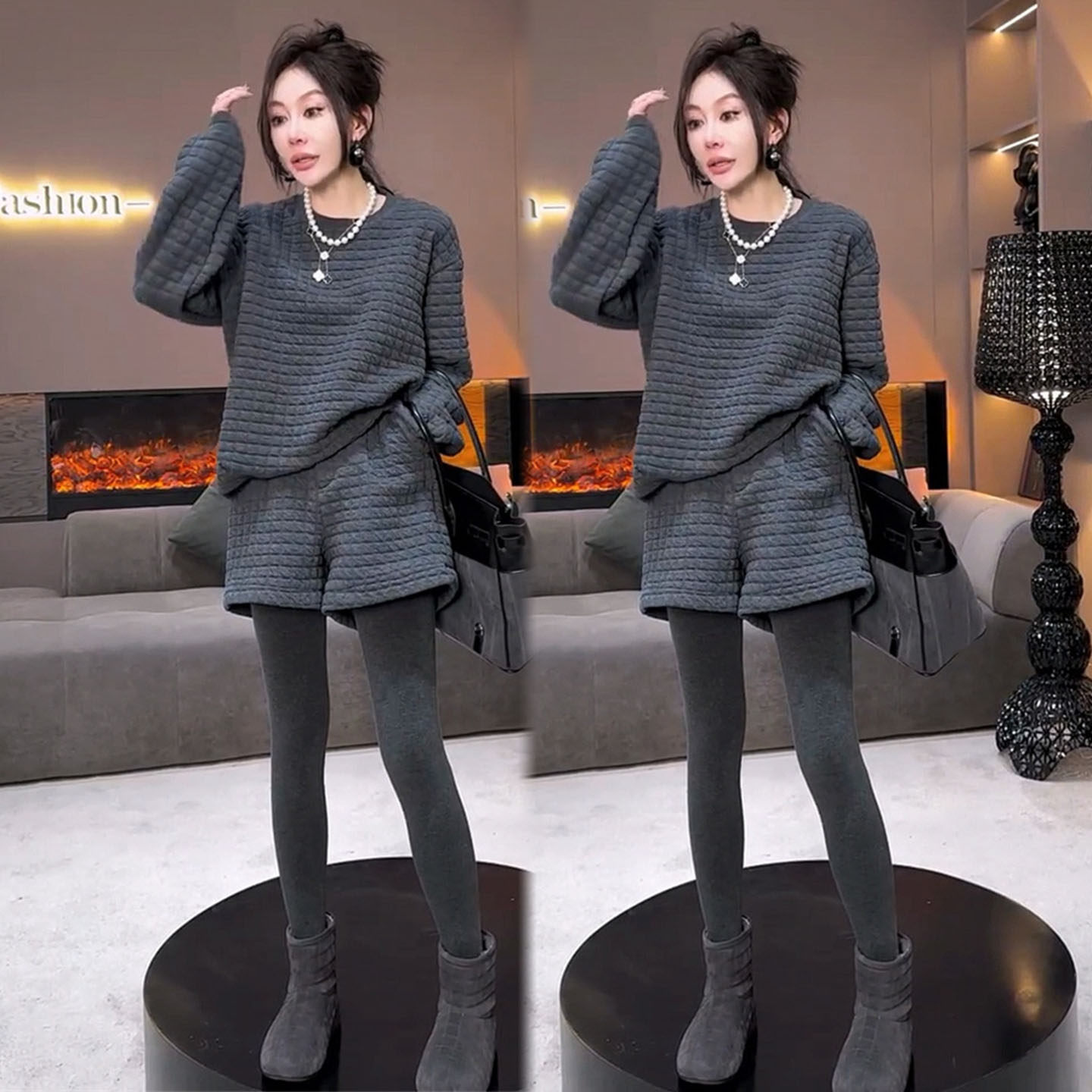 极简风时尚套装女2025秋冬高级感宽松减龄休闲韩版卫衣短裤两件套,淘宝优惠券,粉丝福利购,淘宝优惠卷