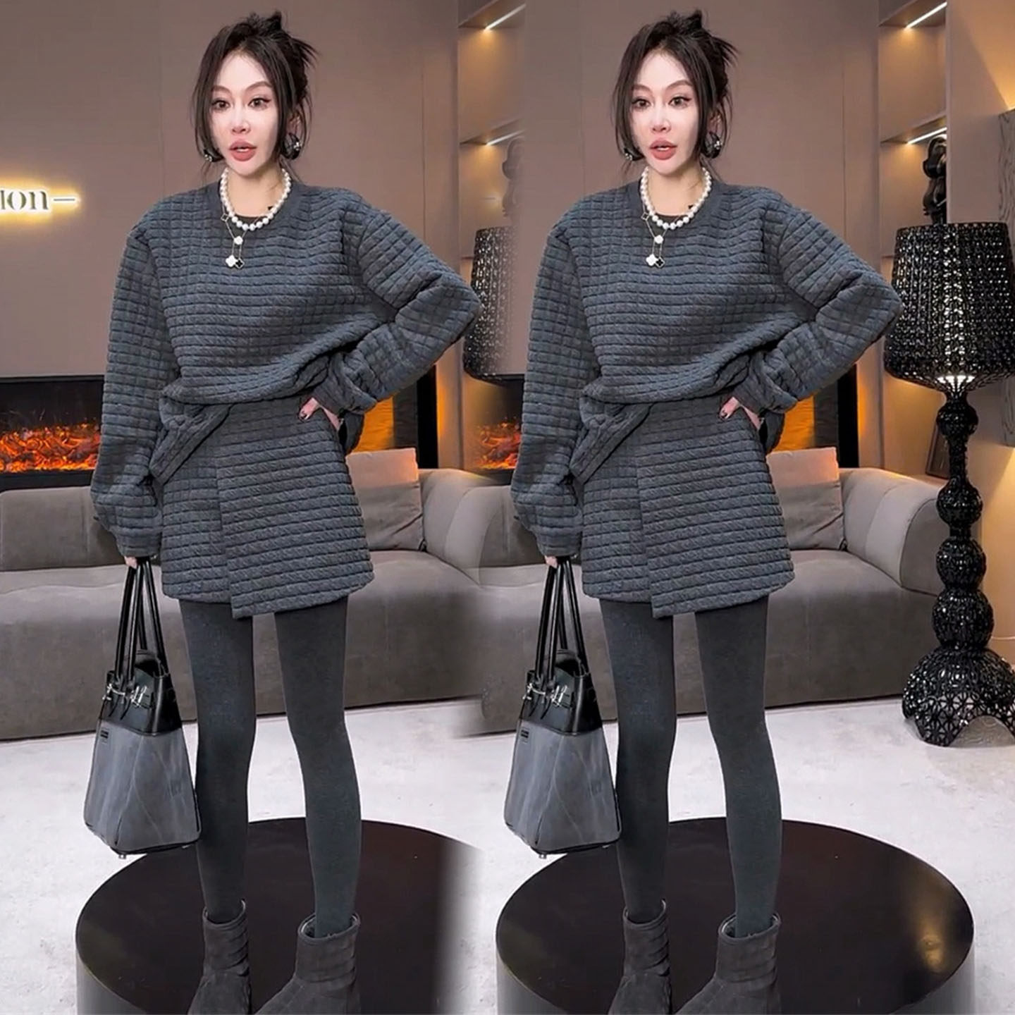 欧货格子时尚套装女2055冬季洋气休闲韩版高级感卫衣半身裙两件套,淘宝优惠券,粉丝福利购,淘宝优惠卷