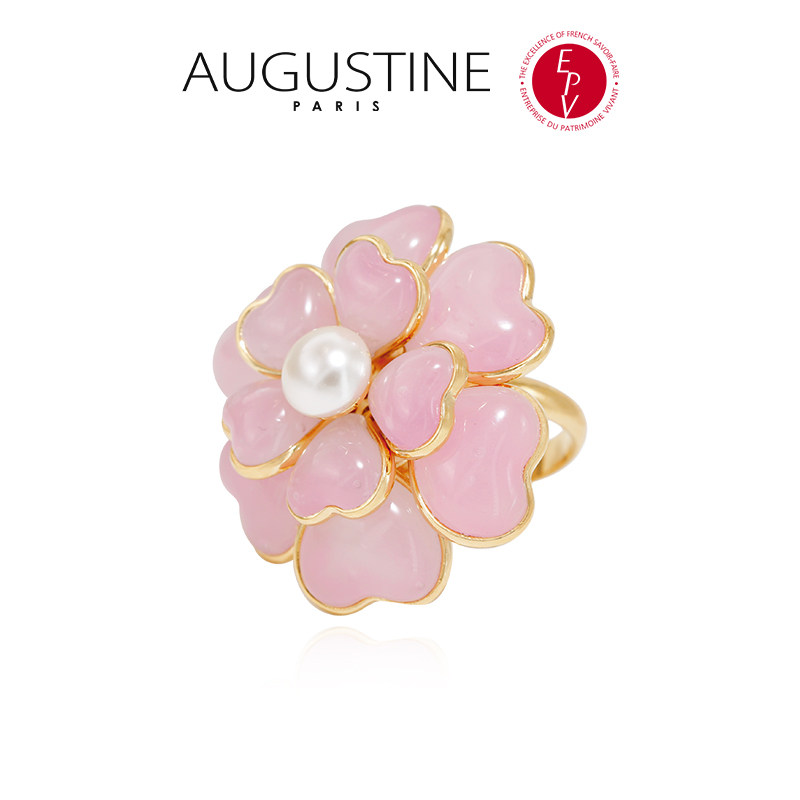 Augustine Paris ancient glazed pink camellia necklace, earrings and ring set