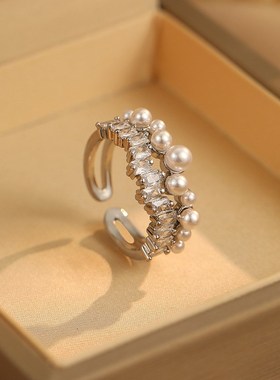 法式温柔满锆珍珠开口戒指时尚小众设计感简约气质轻奢高级感指环
