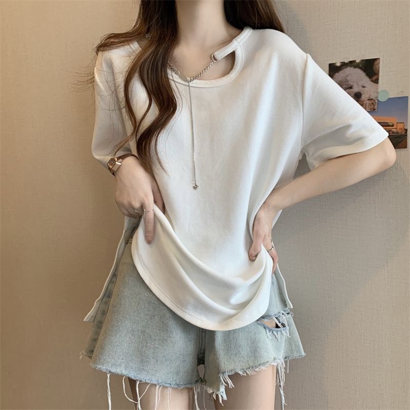 短袖T恤女夏季2025新款宽松显瘦百搭中长款大码设计感打底衫上衣 - 图0