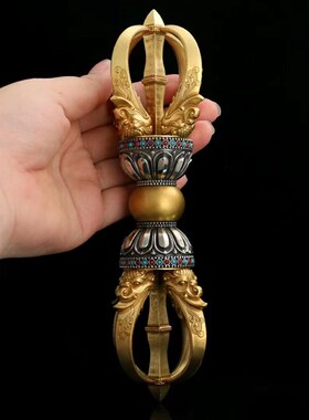 热销尼泊尔纯铜五股金刚杵降魔杵一字普巴杵西藏密宗银摆件带底座