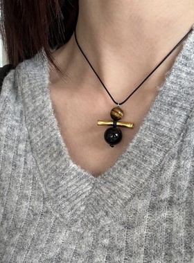 日本品质新中式金色竹节虎眼石吊坠项链轻奢小众毛衣链复古百搭可