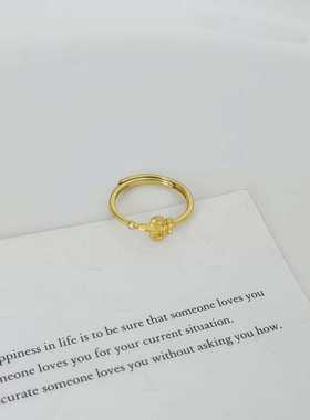 日本品质复古风中古拉丝鸢尾花戒指女S925纯银镀18K金 高级感精致