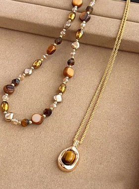 日本品质美拉德虎眼石项链配饰女款秋冬串珠叠戴毛衣链轻奢高级感